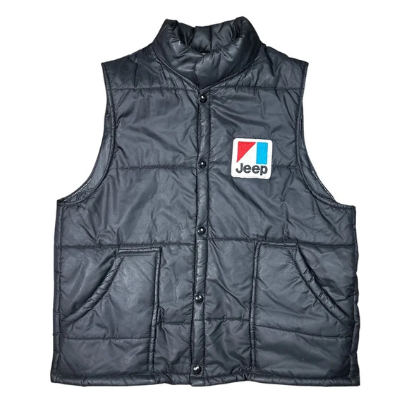 Vintage 70s Jeep Logo Nylon Puffer Black Snap Button Vest Jacket Mens Large - Picture 1 of 16